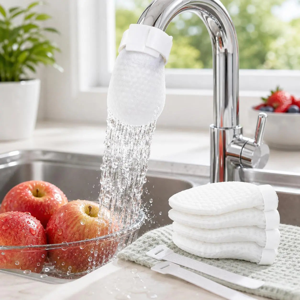 50 Disposable Cotton Faucet Filter Bags for Faucets Under 1 Inch with 5 Fastening Straps - Splash-Reducing Sediment Filter Socks with Elastic Cuff for Kitchen and Bathroom Use