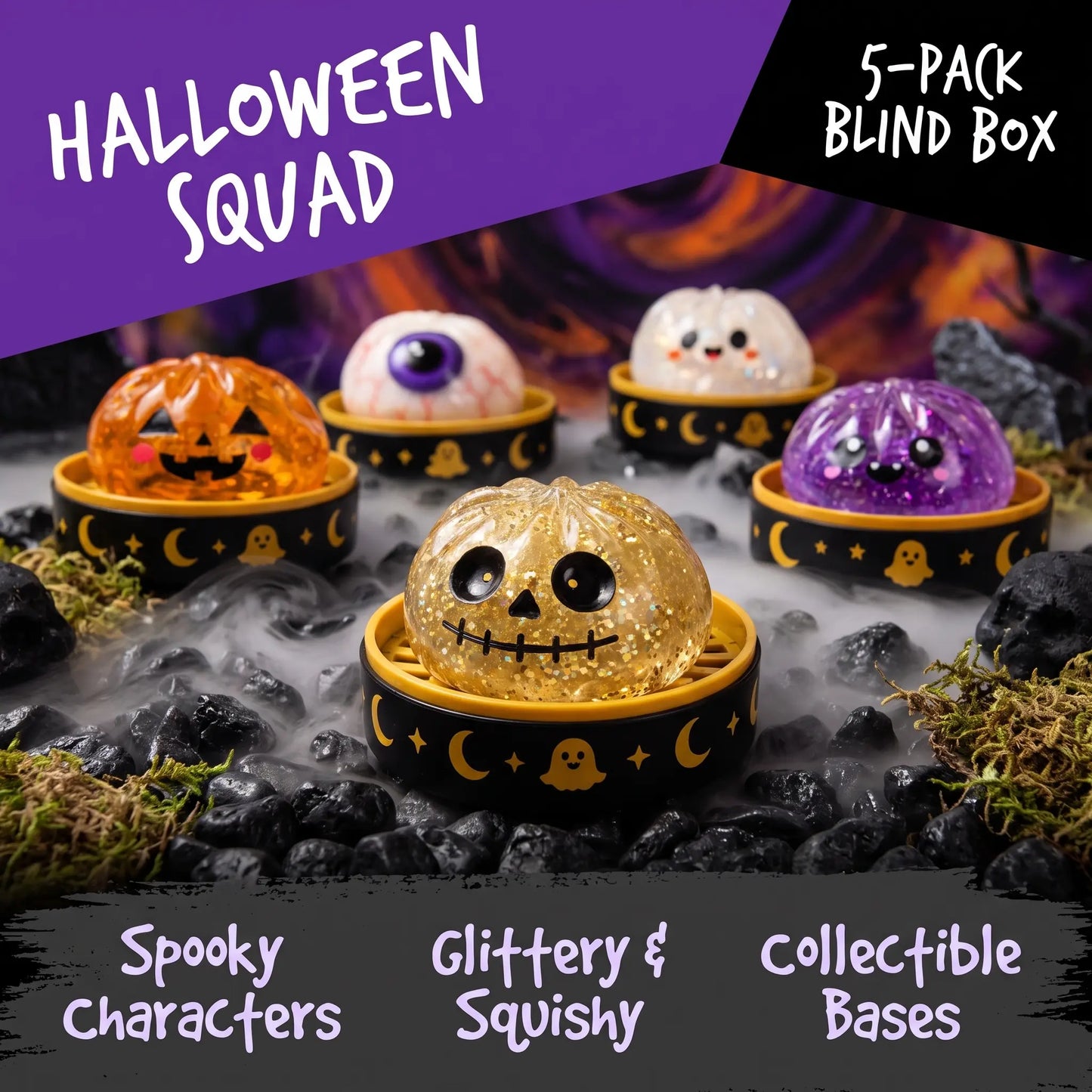 【Summer Sale Deals】Halloween Steamed Bun Squishy Toy Set, Slow Rising Stress Relief Fidget Toys with Steamer Bases, Pumpkin Eyeball Ghost Assortment, Collectible Desk Decor for Party Favors