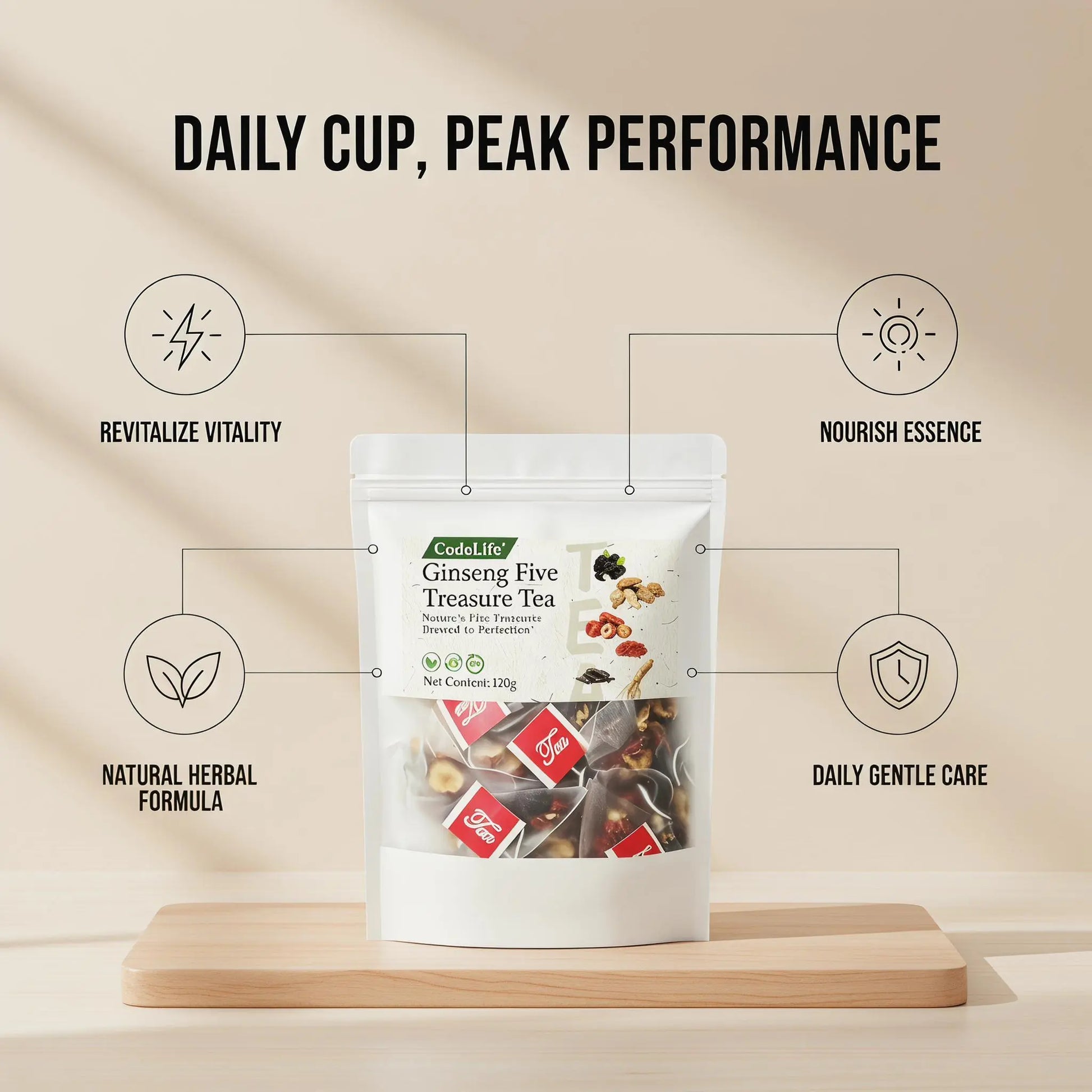 Wellness Scented Tea, Traditional Ginseng Five Treasure Formula with Red Date, Wolfberry and Mulberry
