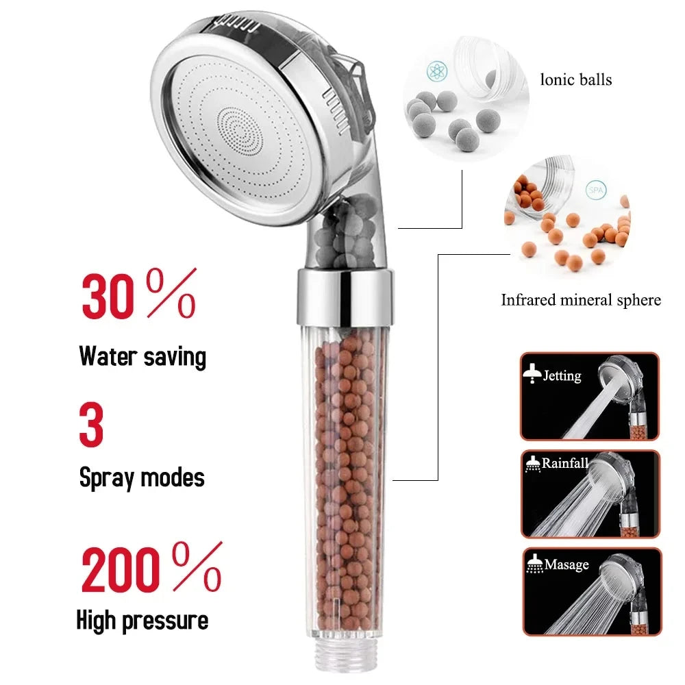 High-Pressure Handheld Spa Shower Head with Three Functions and Anion Filter for Water Conservation - Rainfall Style Bathroom Accessory