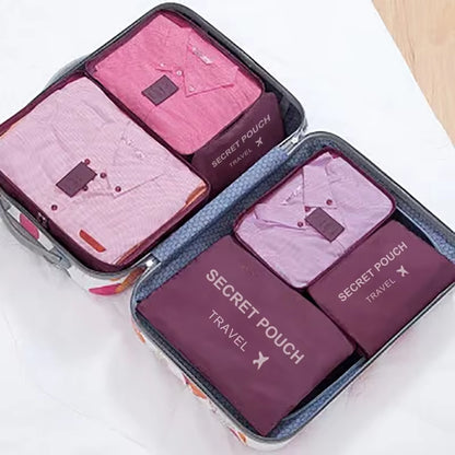 6-Piece Set of Waterproof Travel Storage Bags in Pink, Blue, and Grey - Large Capacity Luggage and Clothing Organizer with Zipper Closure