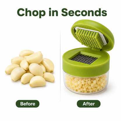 Manual Garlic Chopper, Mini Garlic Press Cutter with Stainless Steel Blades & Clear Collection Cup, Compact Kitchen Garlic Mincer for Garlic, Ginger, Onion & Chili, Easy-Press Food Prep Tool, Green