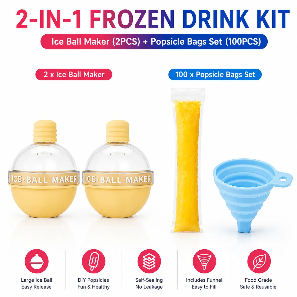 100-Pack Disposable Popsicle Mold Bags - Leakproof Zip-Seal Freezer Tubes with Silicone Funnel for Freezing Juices, Lollies, and Ice Cream Molds