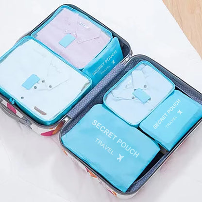 6-Piece Set of Waterproof Travel Storage Bags in Pink, Blue, and Grey - Large Capacity Luggage and Clothing Organizer with Zipper Closure