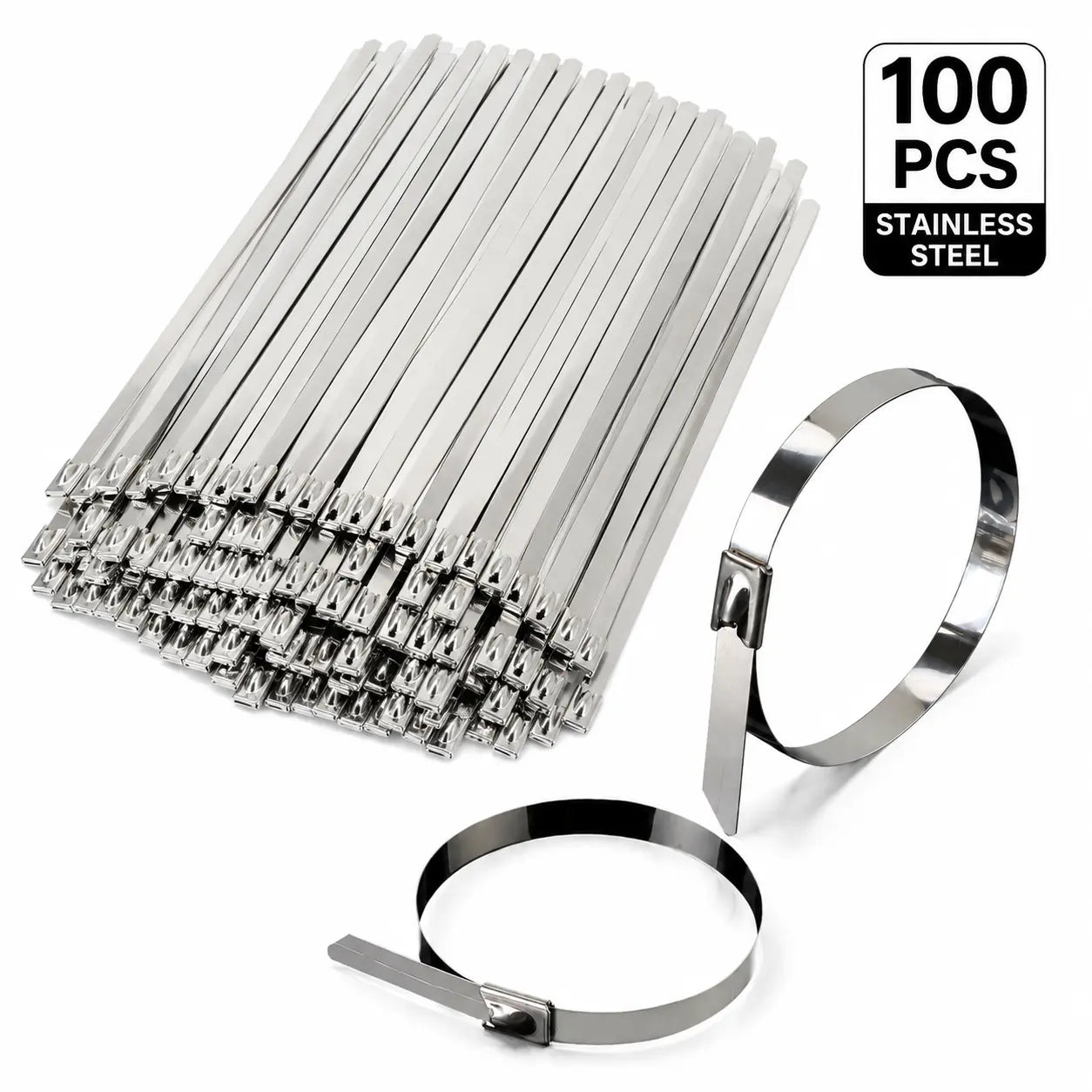 100PCS Stainless Steel Cable Ties, Heavy Duty Self Locking Metal Zip Ties, Rust Resistant Wire Ties for Automotive, Outdoor, Industrial Use