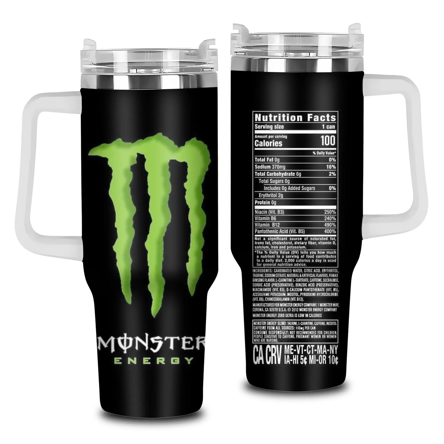 40Oz Tumbler with Handle & Straw, Mons.Energy Drink Editions Travel Mug, Vacuum Insulated Stainless Steel Cup, Gift for Gift for Energy Drink Fans