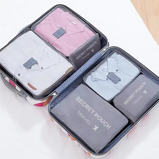6-Piece Set of Waterproof Travel Storage Bags in Pink, Blue, and Grey - Large Capacity Luggage and Clothing Organizer with Zipper Closure
