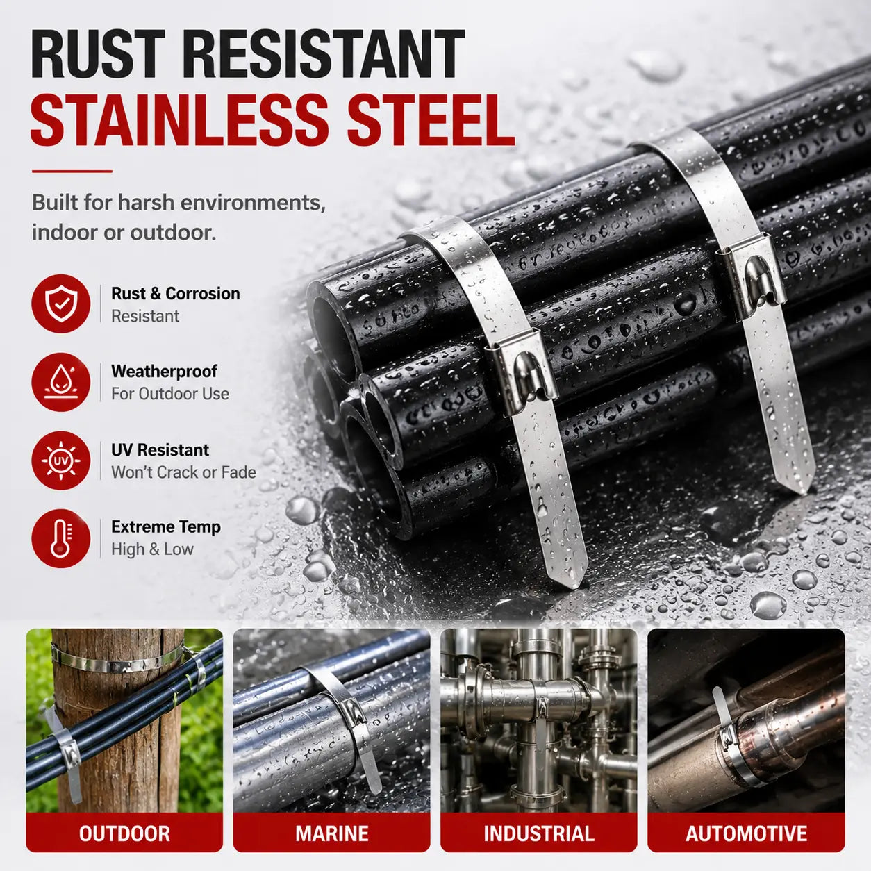 100PCS Stainless Steel Cable Ties, Heavy Duty Self Locking Metal Zip Ties, Rust Resistant Wire Ties for Automotive, Outdoor, Industrial Use