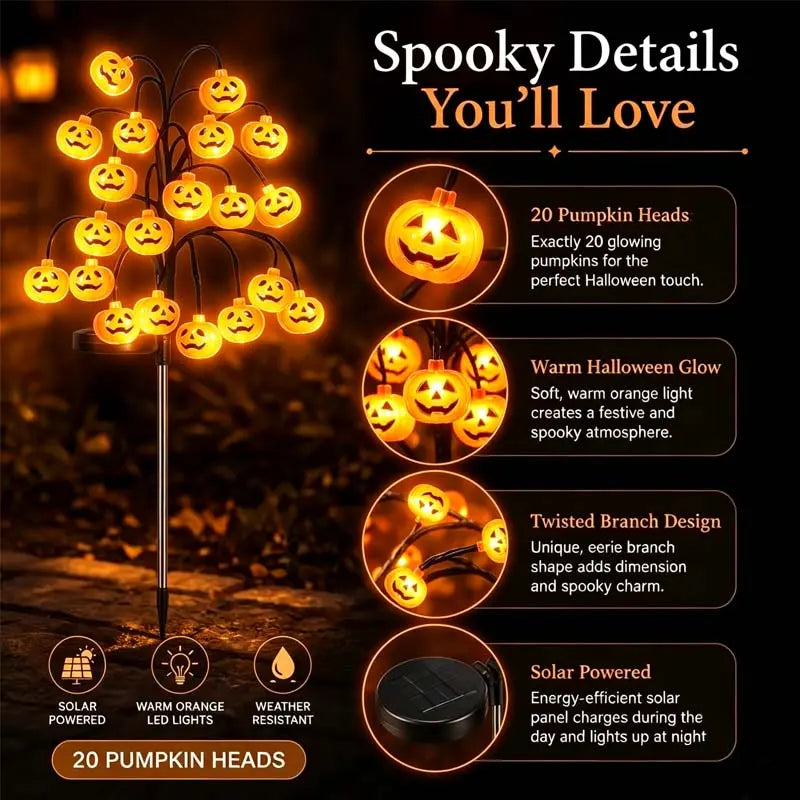 Solar Pumpkin Stake Lights, 20-Head Halloween Garden Lights, Waterproof Solar Operated Lights 8 Modes Auto On/Off, Outdoor Yard Lawn Pathway Halloween Decor, 2/4 Pack Landscape Holiday Lights