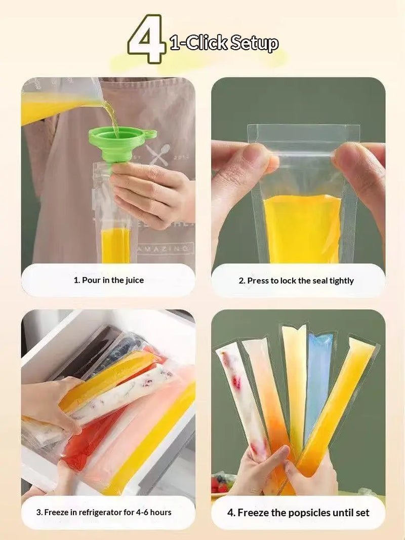 100-Pack Disposable Popsicle Mold Bags - Leakproof Zip-Seal Freezer Tubes with Silicone Funnel for Freezing Juices, Lollies, and Ice Cream Molds