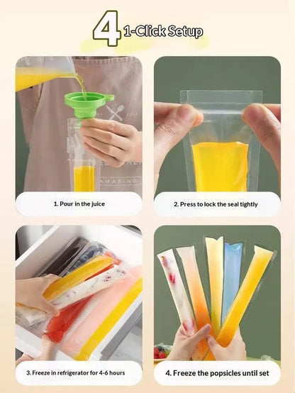 100-Pack Disposable Popsicle Mold Bags - Leakproof Zip-Seal Freezer Tubes with Silicone Funnel for Freezing Juices, Lollies, and Ice Cream Molds