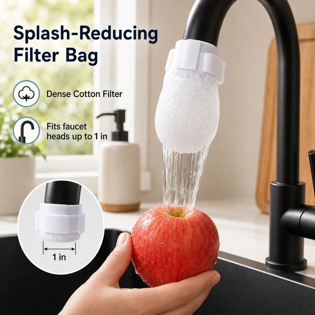 50 Disposable Cotton Faucet Filter Bags for Faucets Under 1 Inch with 5 Fastening Straps - Splash-Reducing Sediment Filter Socks with Elastic Cuff for Kitchen and Bathroom Use