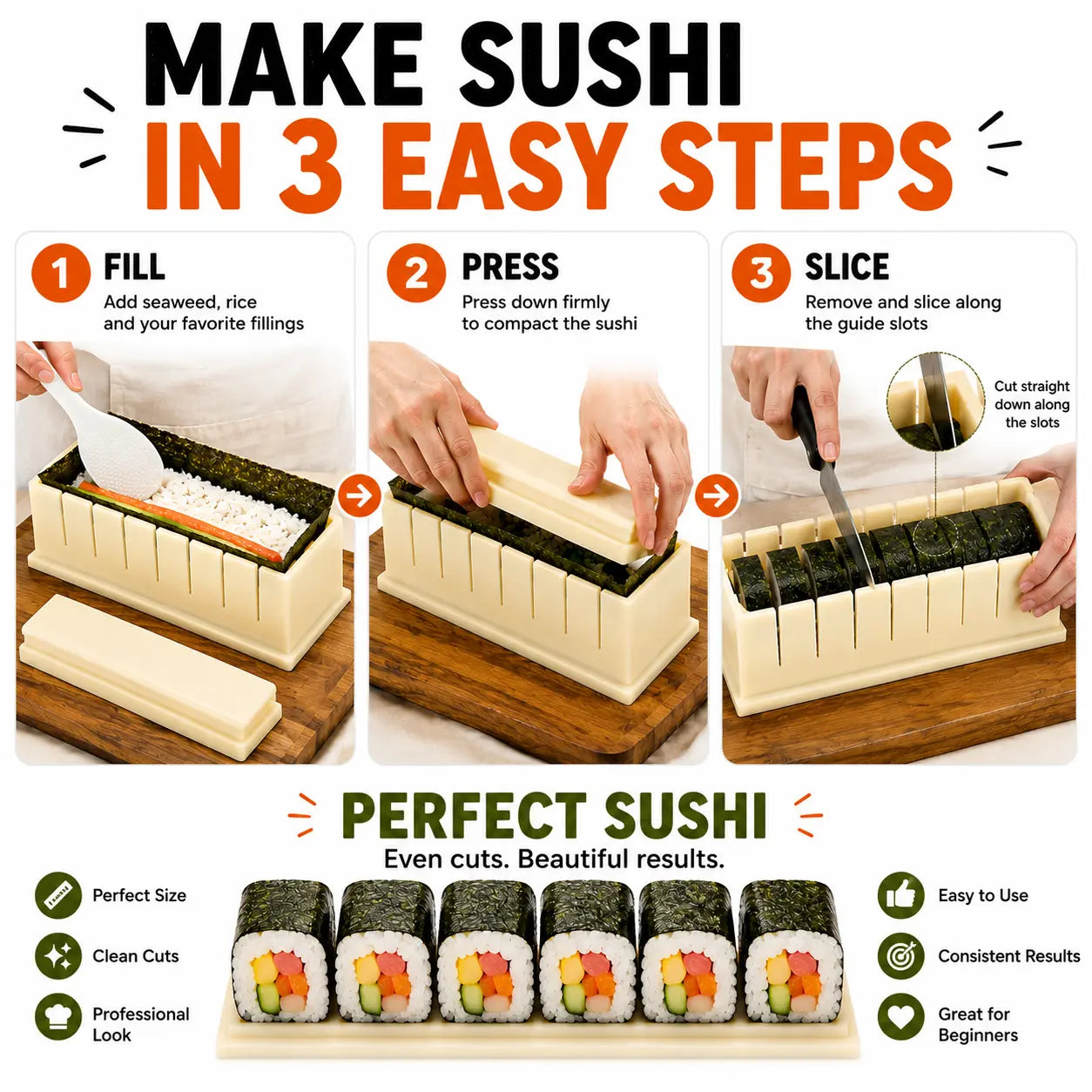 Sushi Making Kit with Cutter Mold, DIY Sushi Maker Tool for Perfect Even Rolls, Easy Homemade Sushi Kitchen Gadget