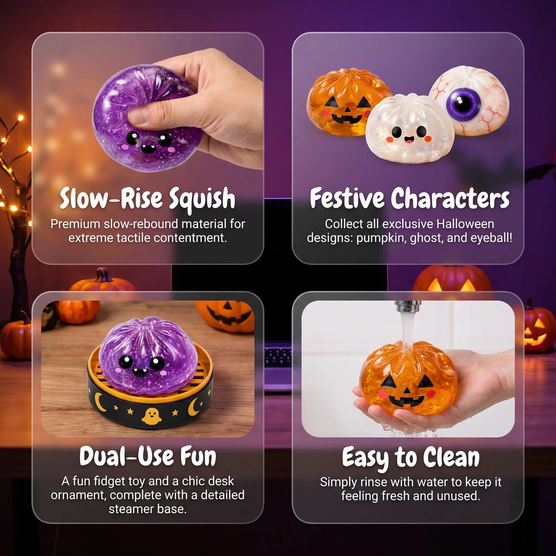 【Summer Sale Deals】Halloween Steamed Bun Squishy Toy Set, Slow Rising Stress Relief Fidget Toys with Steamer Bases, Pumpkin Eyeball Ghost Assortment, Collectible Desk Decor for Party Favors