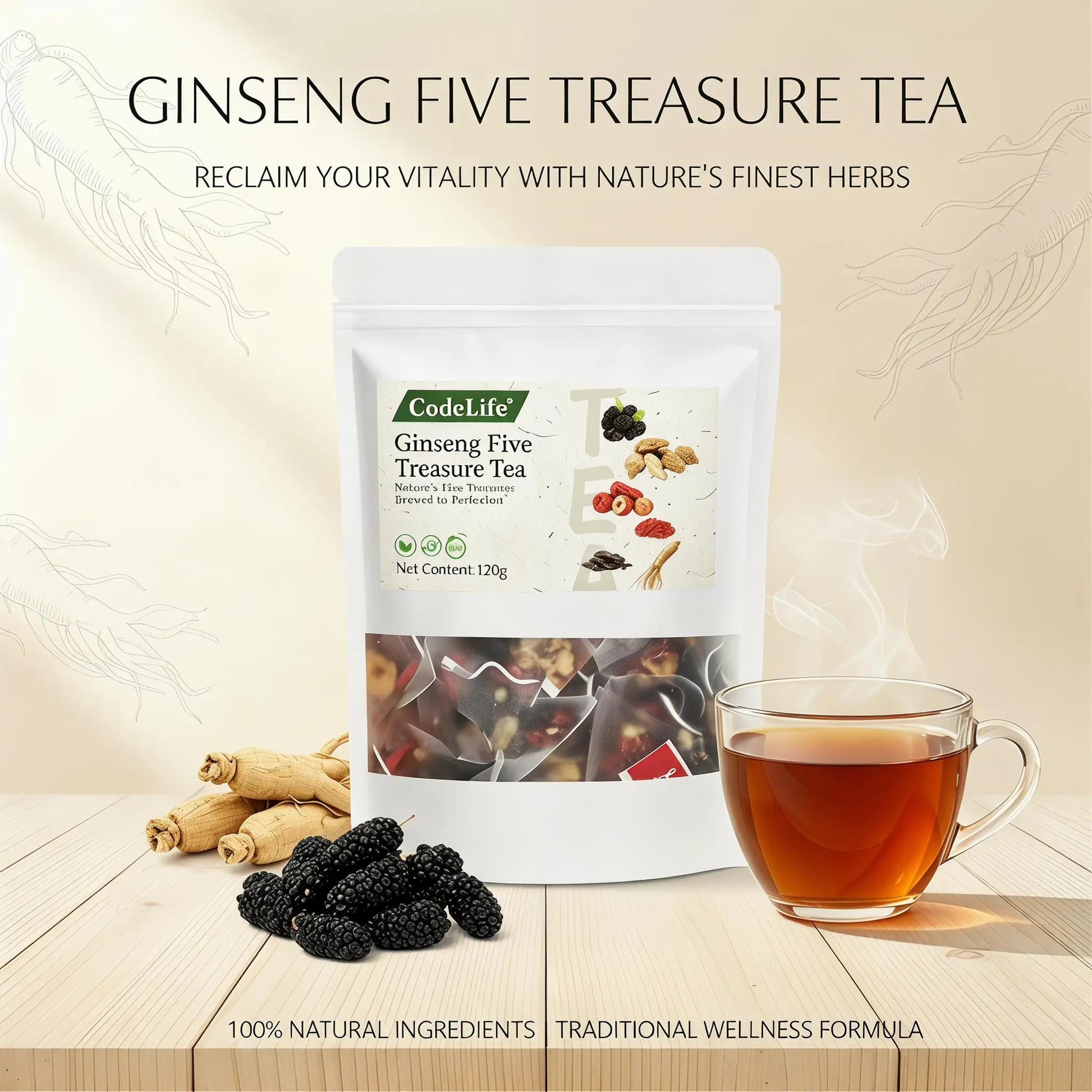 Wellness Scented Tea, Traditional Ginseng Five Treasure Formula with Red Date, Wolfberry and Mulberry