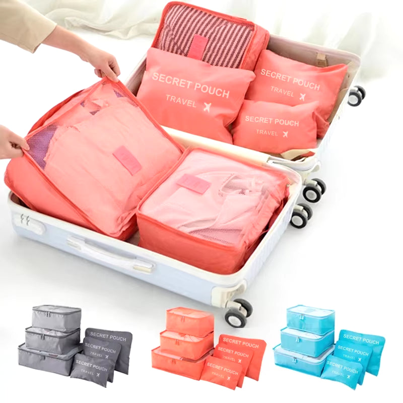 6-Piece Set of Waterproof Travel Storage Bags in Pink, Blue, and Grey - Large Capacity Luggage and Clothing Organizer with Zipper Closure