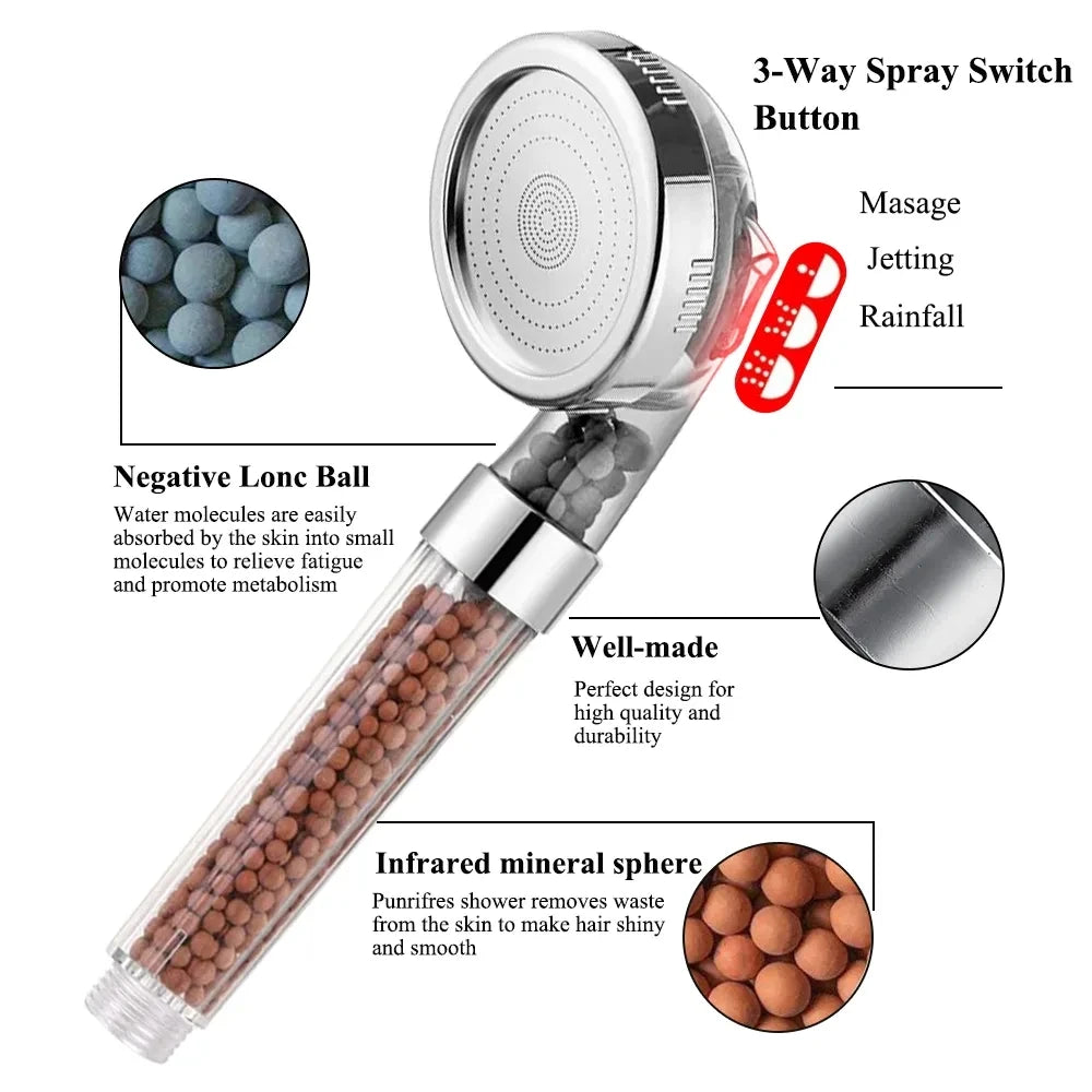 High-Pressure Handheld Spa Shower Head with Three Functions and Anion Filter for Water Conservation - Rainfall Style Bathroom Accessory