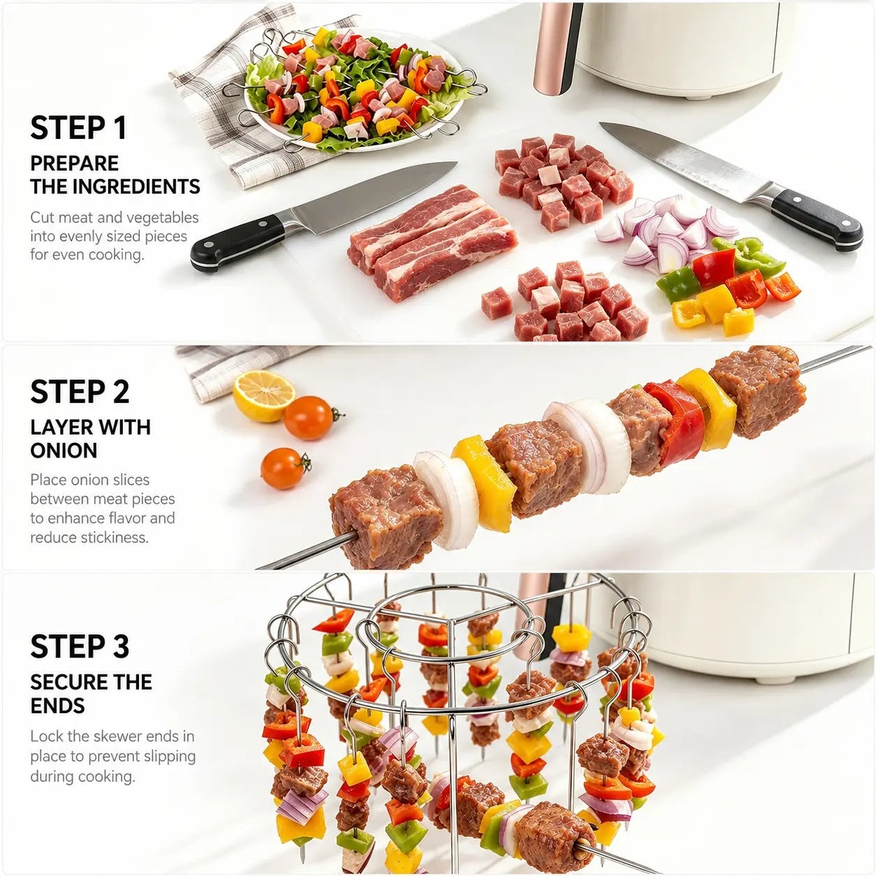 Air Fryer Skewer Rack Set - Round Stainless Steel Grill with Flat Edges (2 Count)