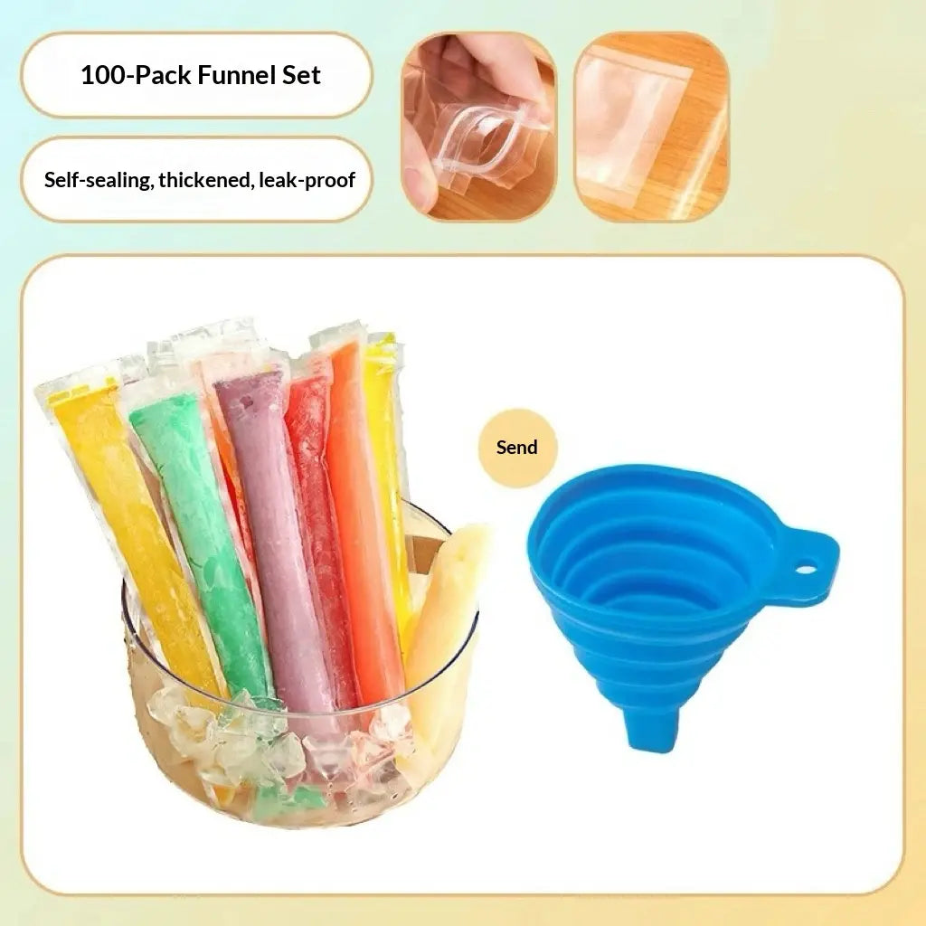 100-Pack Disposable Popsicle Mold Bags - Leakproof Zip-Seal Freezer Tubes with Silicone Funnel for Freezing Juices, Lollies, and Ice Cream Molds