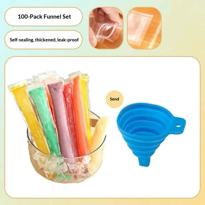 100-Pack Disposable Popsicle Mold Bags - Leakproof Zip-Seal Freezer Tubes with Silicone Funnel for Freezing Juices, Lollies, and Ice Cream Molds