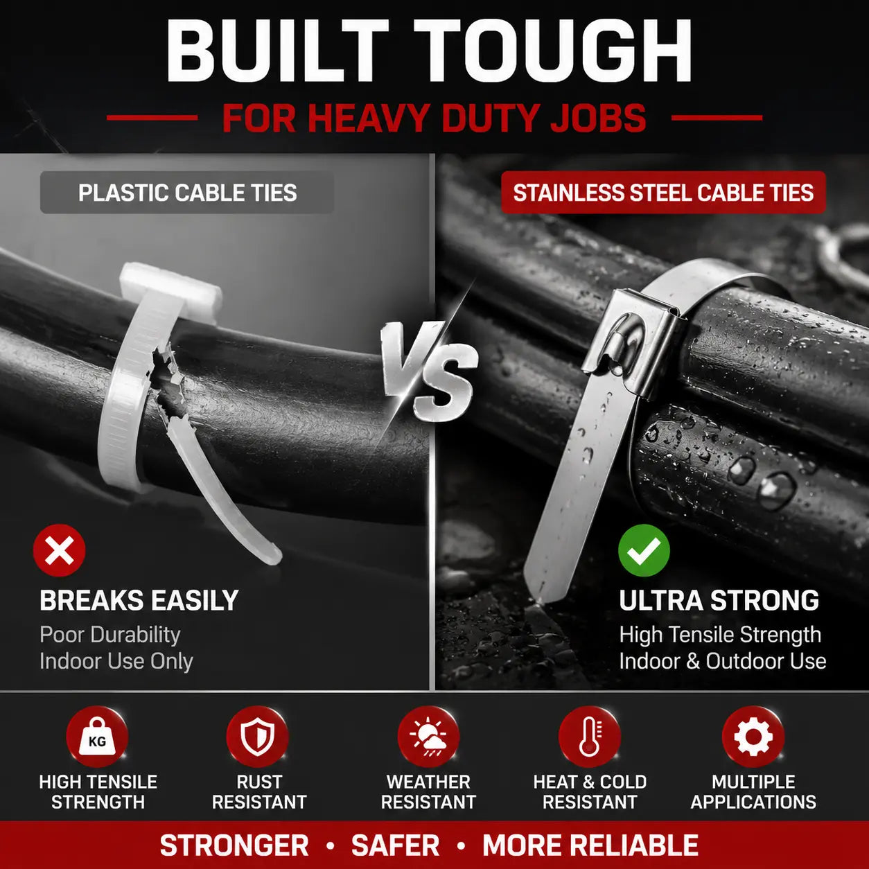 100PCS Stainless Steel Cable Ties, Heavy Duty Self Locking Metal Zip Ties, Rust Resistant Wire Ties for Automotive, Outdoor, Industrial Use