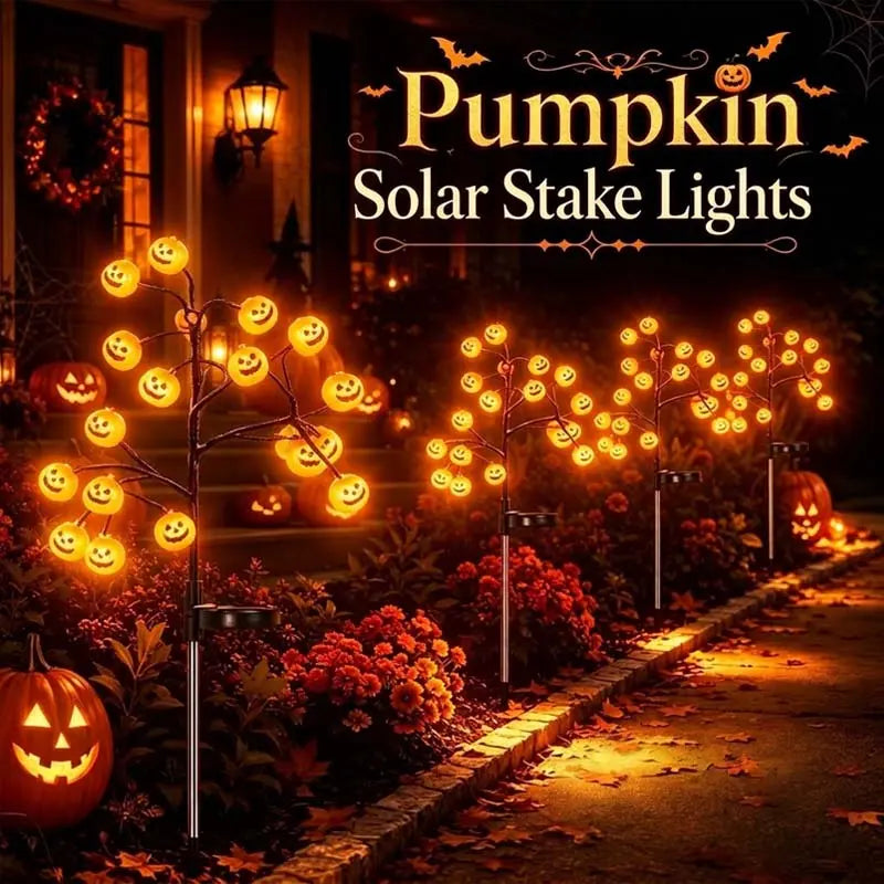 Solar Pumpkin Stake Lights, 20-Head Halloween Garden Lights, Waterproof Solar Operated Lights 8 Modes Auto On/Off, Outdoor Yard Lawn Pathway Halloween Decor, 2/4 Pack Landscape Holiday Lights