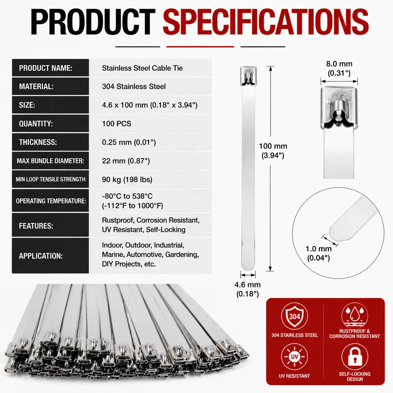 100PCS Stainless Steel Cable Ties, Heavy Duty Self Locking Metal Zip Ties, Rust Resistant Wire Ties for Automotive, Outdoor, Industrial Use