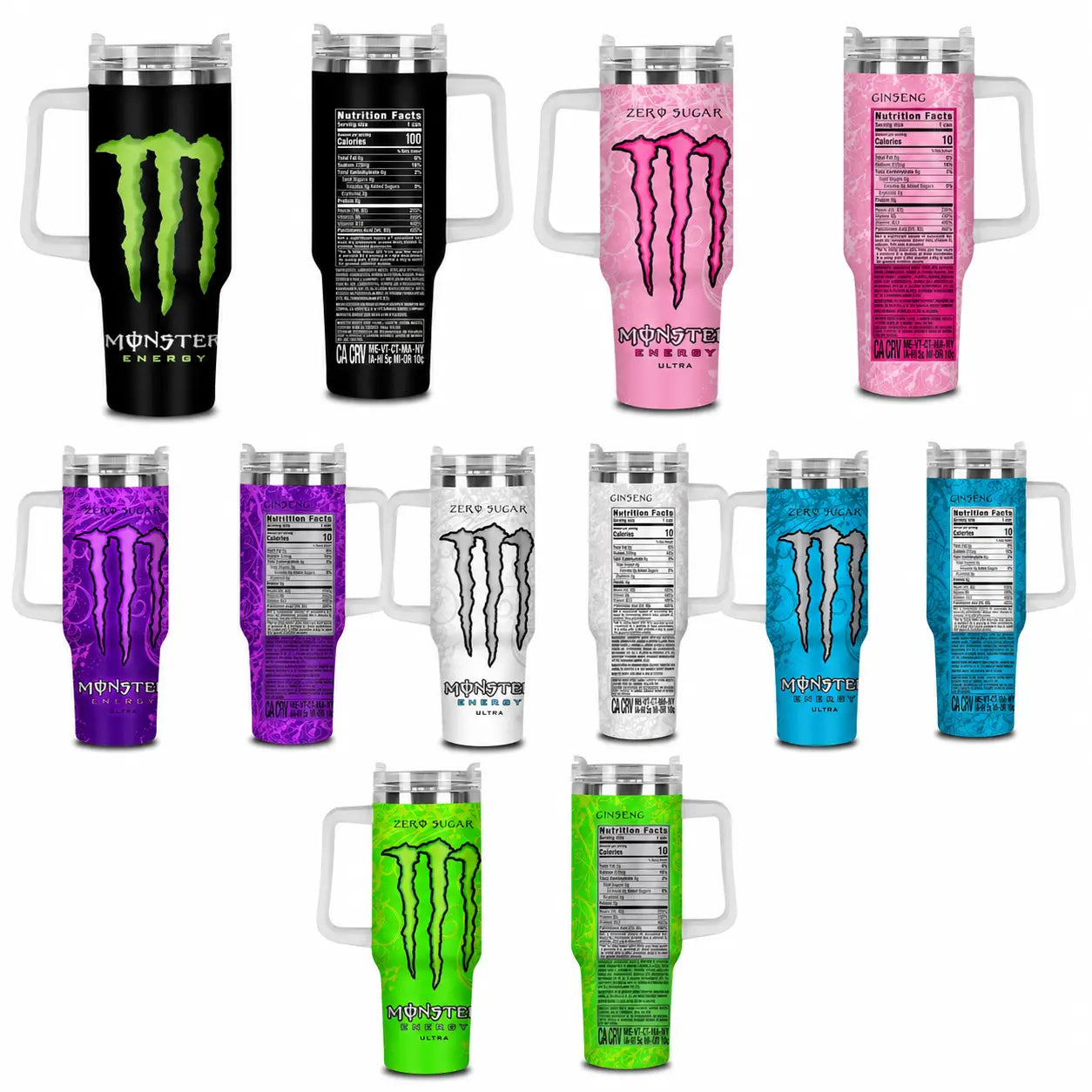 40Oz Tumbler with Handle & Straw, Mons.Energy Drink Editions Travel Mug, Vacuum Insulated Stainless Steel Cup, Gift for Gift for Energy Drink Fans