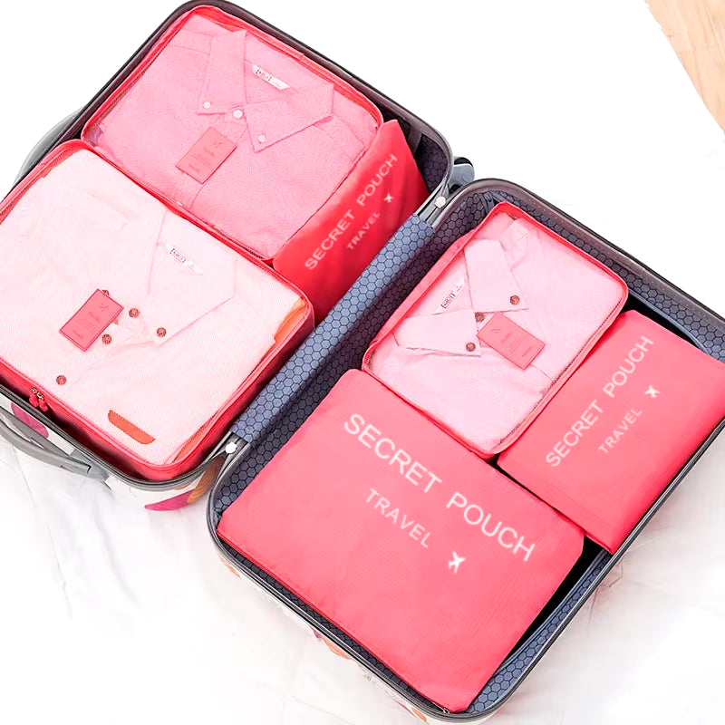 6-Piece Set of Waterproof Travel Storage Bags in Pink, Blue, and Grey - Large Capacity Luggage and Clothing Organizer with Zipper Closure