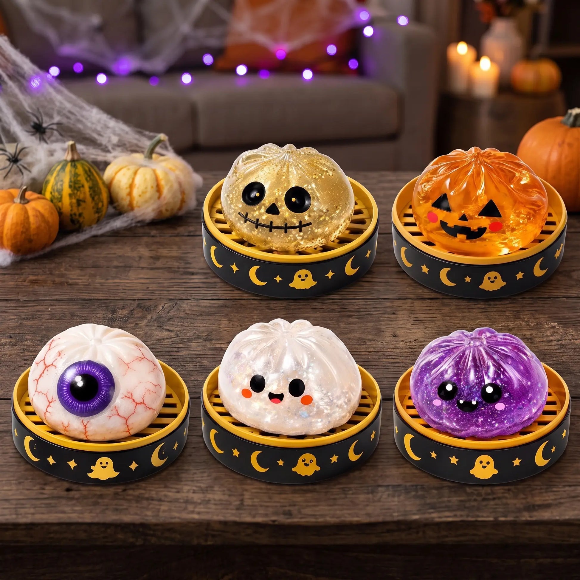 【Summer Sale Deals】Halloween Steamed Bun Squishy Toy Set, Slow Rising Stress Relief Fidget Toys with Steamer Bases, Pumpkin Eyeball Ghost Assortment, Collectible Desk Decor for Party Favors
