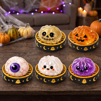 【Summer Sale Deals】Halloween Steamed Bun Squishy Toy Set, Slow Rising Stress Relief Fidget Toys with Steamer Bases, Pumpkin Eyeball Ghost Assortment, Collectible Desk Decor for Party Favors