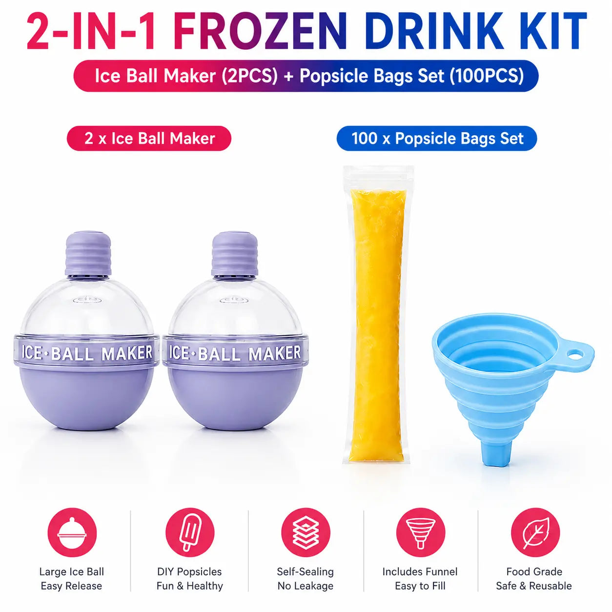 100-Pack Disposable Popsicle Mold Bags - Leakproof Zip-Seal Freezer Tubes with Silicone Funnel for Freezing Juices, Lollies, and Ice Cream Molds
