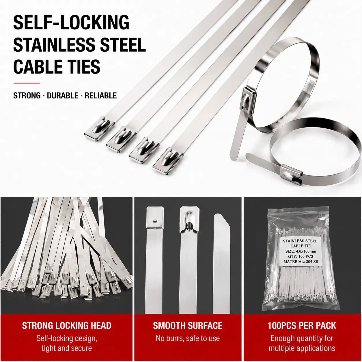 100PCS Stainless Steel Cable Ties, Heavy Duty Self Locking Metal Zip Ties, Rust Resistant Wire Ties for Automotive, Outdoor, Industrial Use