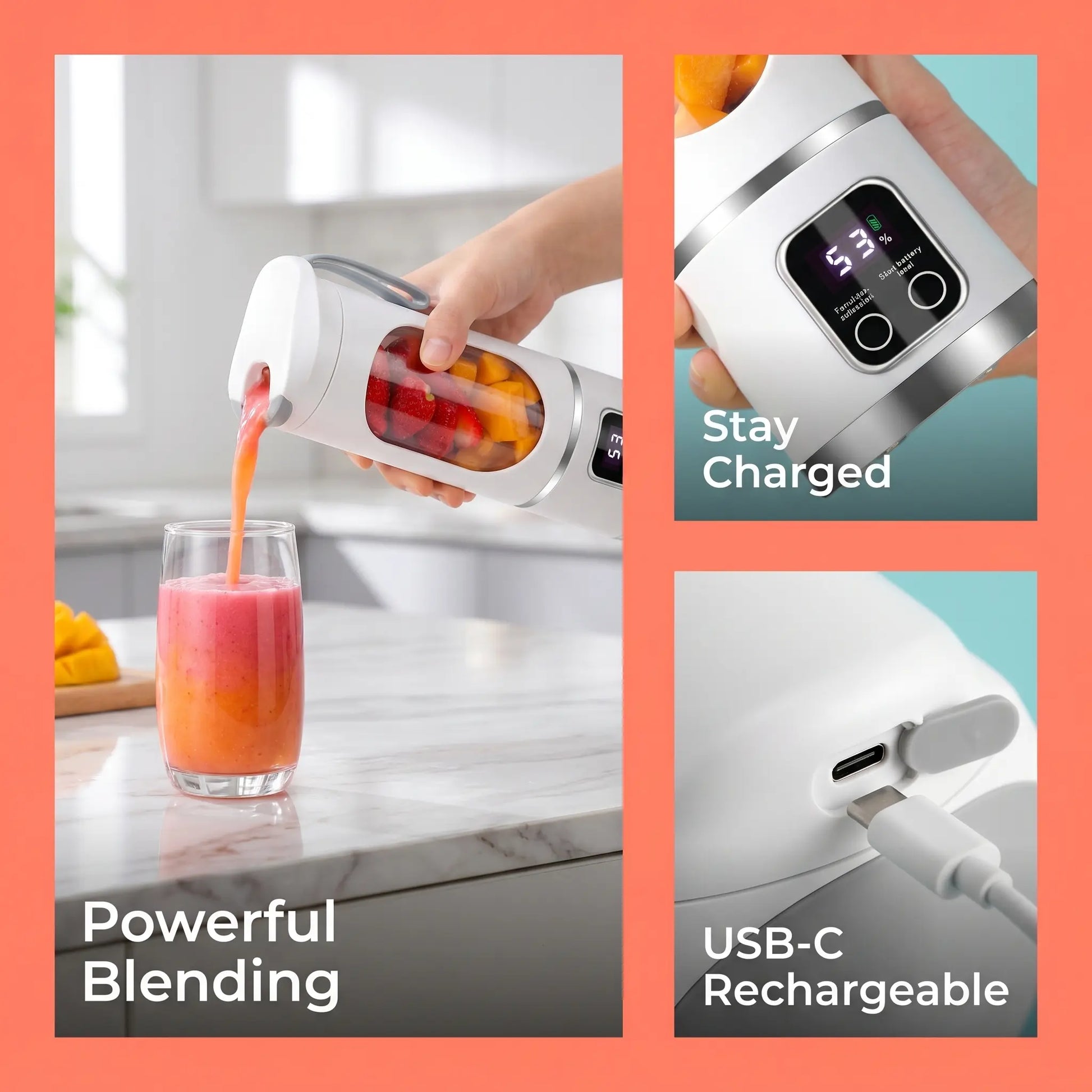 Unleash Your Blending Potential: Portable 15.22 Oz USB Rechargeable Blender with LED Display – Perfect for Smoothies & Juices, Your Home Kitchen Essential!