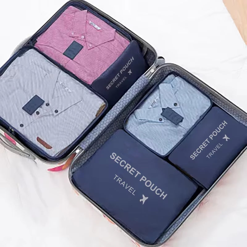 6-Piece Set of Waterproof Travel Storage Bags in Pink, Blue, and Grey - Large Capacity Luggage and Clothing Organizer with Zipper Closure