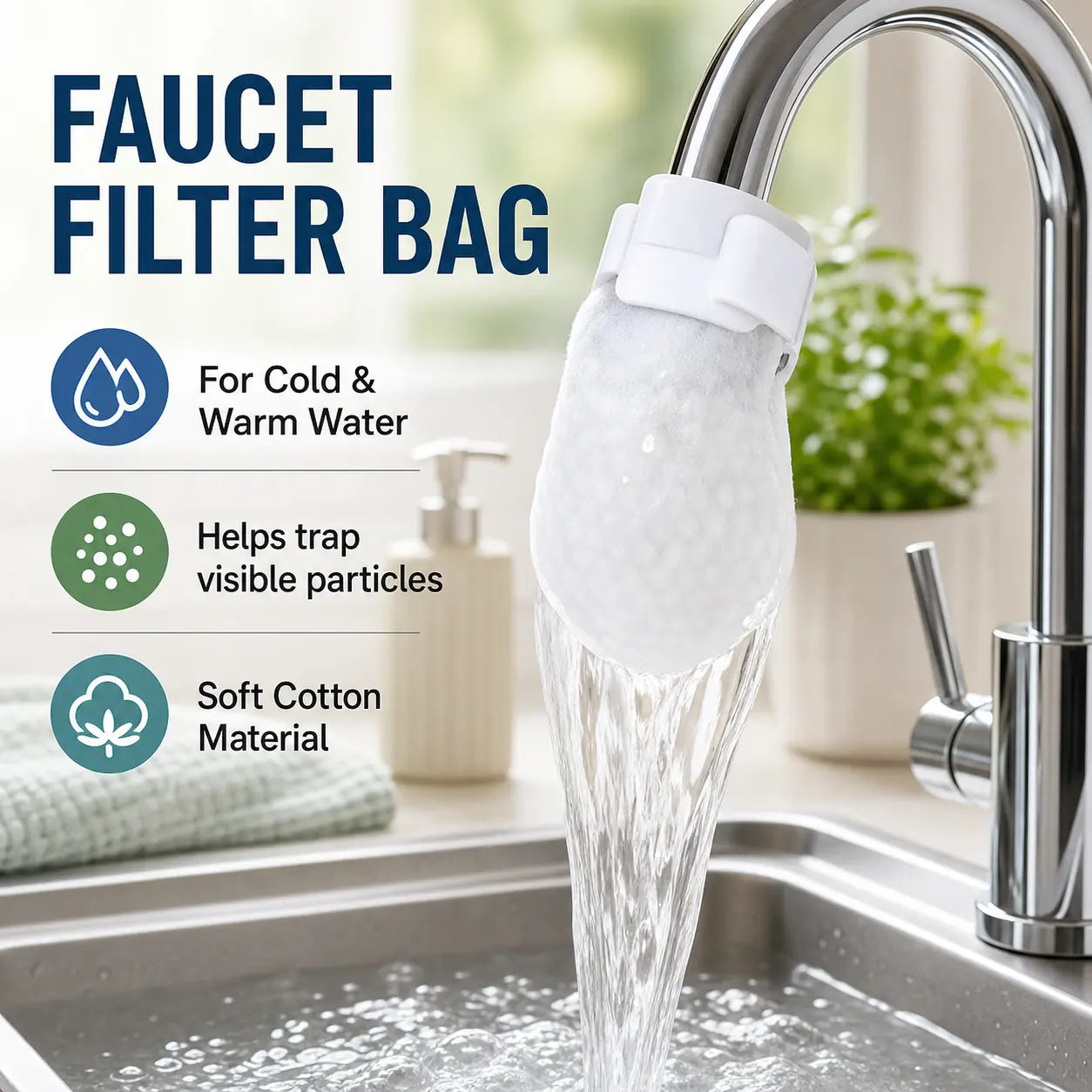 50 Disposable Cotton Faucet Filter Bags for Faucets Under 1 Inch with 5 Fastening Straps - Splash-Reducing Sediment Filter Socks with Elastic Cuff for Kitchen and Bathroom Use